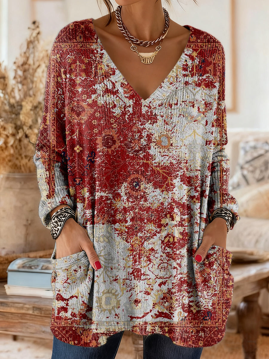 Women's Ethnic Floral Art Print V-Neck Casual Long-Sleeved Sweater