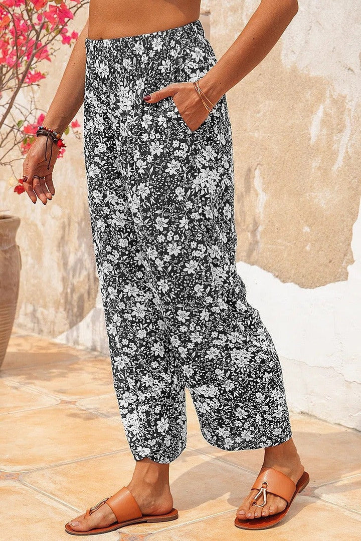 Floral Print with Pockets Elastic Waist Pants