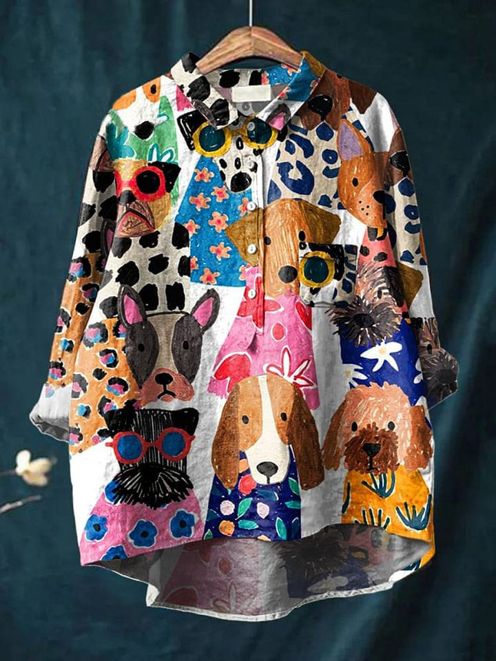 Women's Dog  Art Print Casual Cotton And Linen Shirt