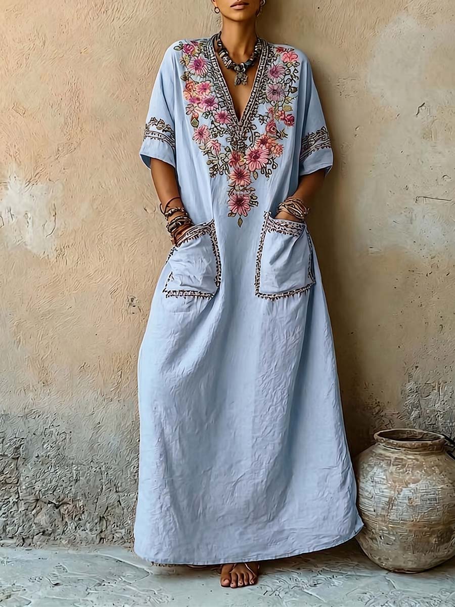 Women's Vintage-print V-neck Short-sleeve Casual Loose Cotton-linen Dress
