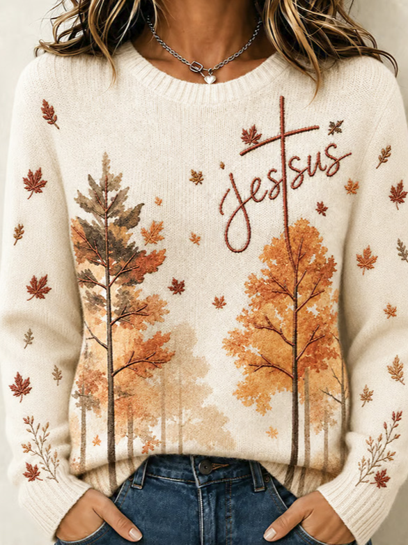 Casual Maple Leaf Crew Neck Long Sleeve Sweatshirt