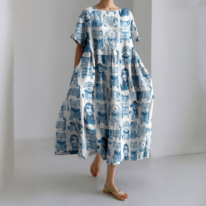 Abstract Dog And Doggies Print Loose Midi Dress