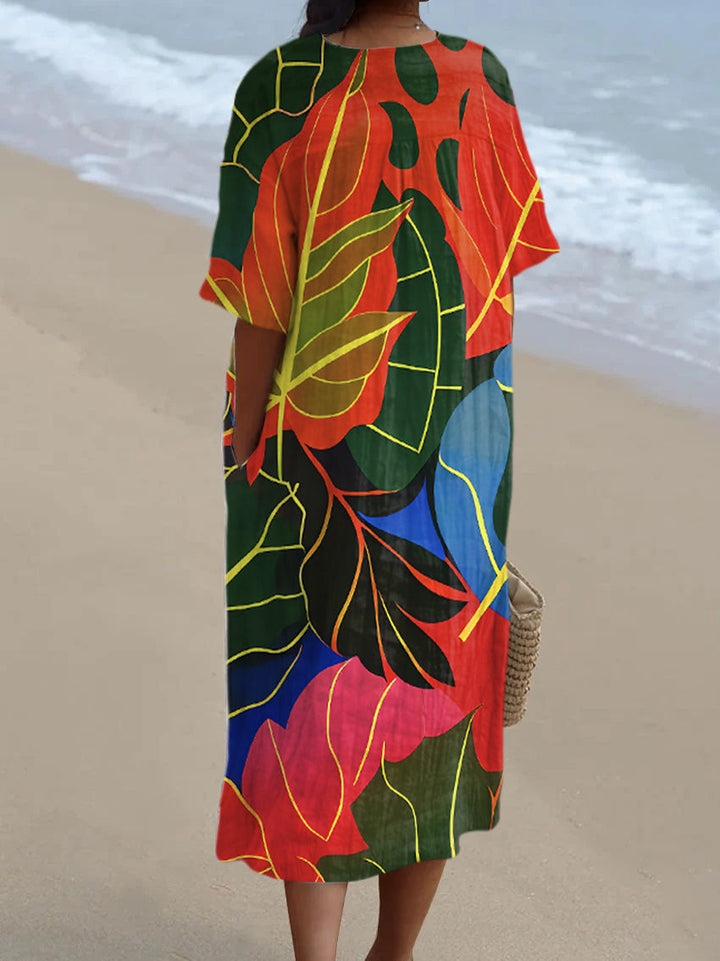 Vintage Autumn Leaves Art Print V-Neck Midi Dress