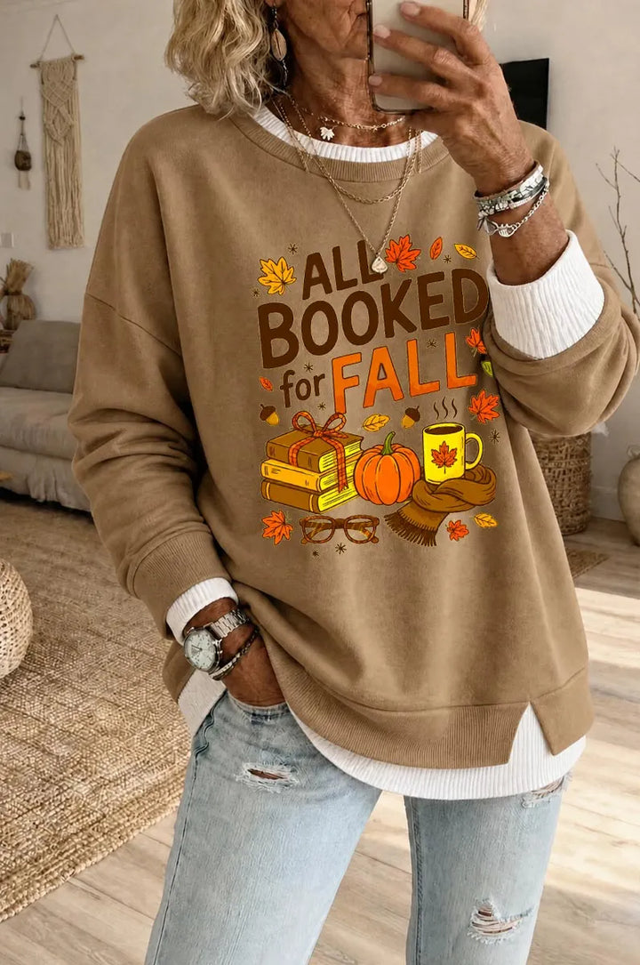 Women's All Booked For Fall Pattern Fake Two Piece Layered Sweatshirt