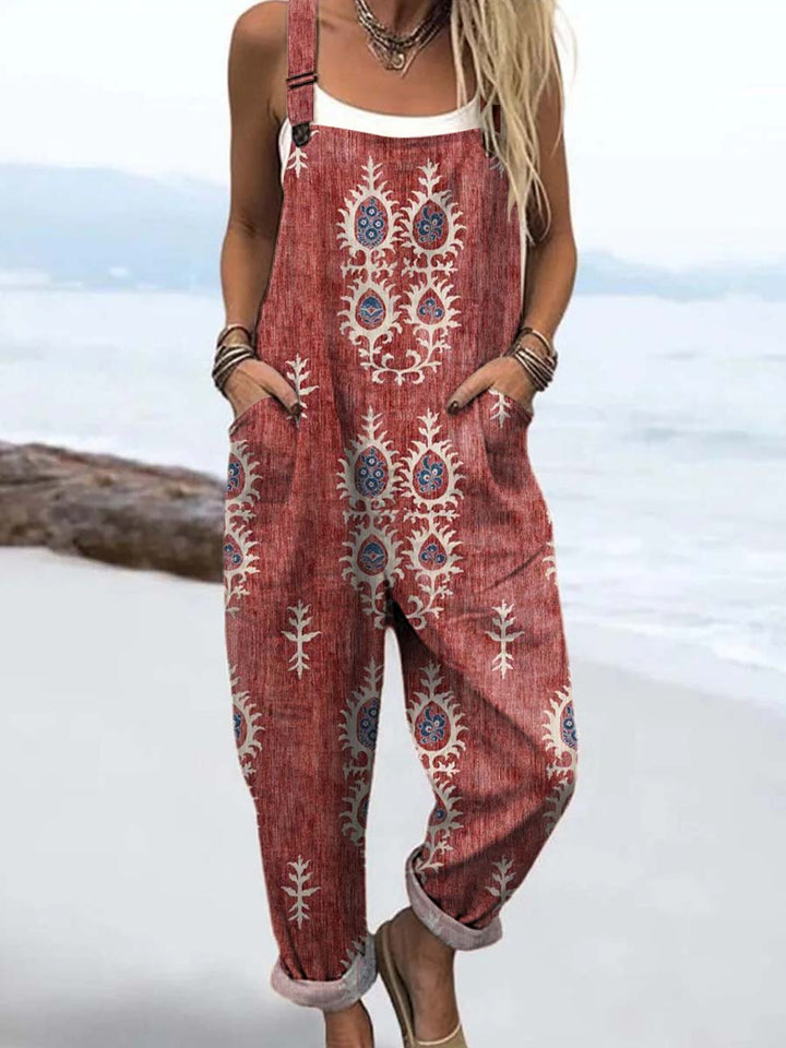 Women's Vintage Floral Pattern Art Print Casual Cotton Wide Leg Jumpsuit