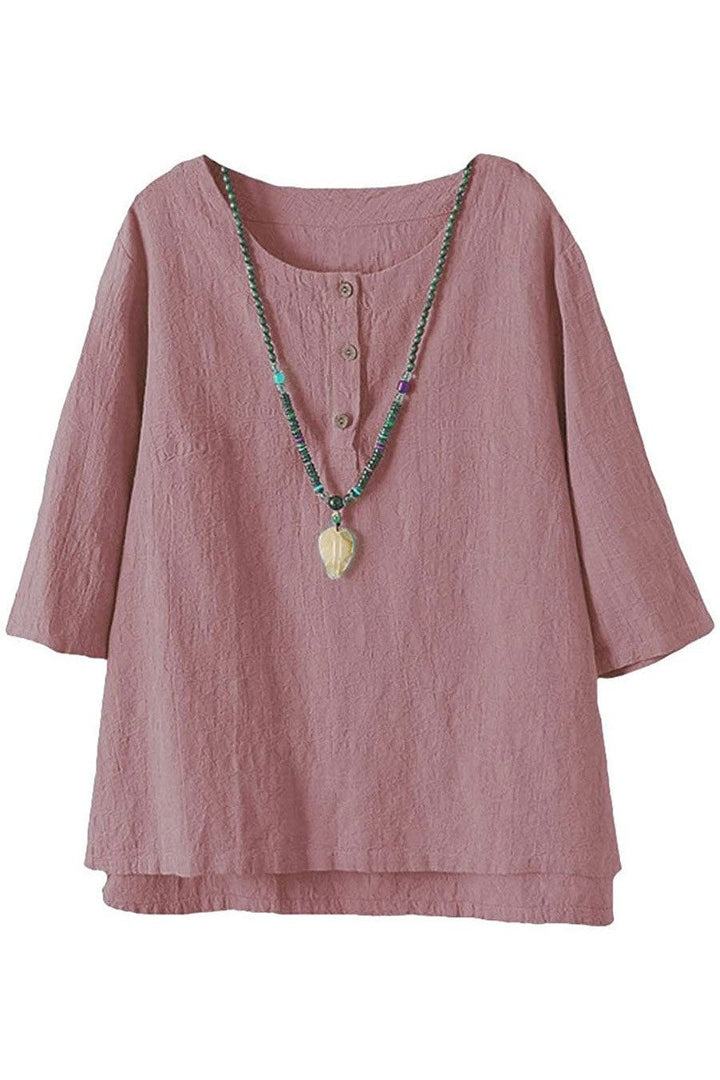 Solid Color Buttons Round Neck 3/4 Sleeves Shirts