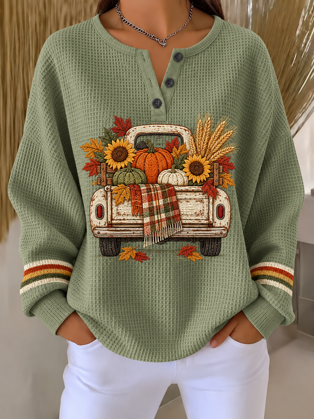 Casual Sunflower Henley Collar Long Sleeve Sweatshirt