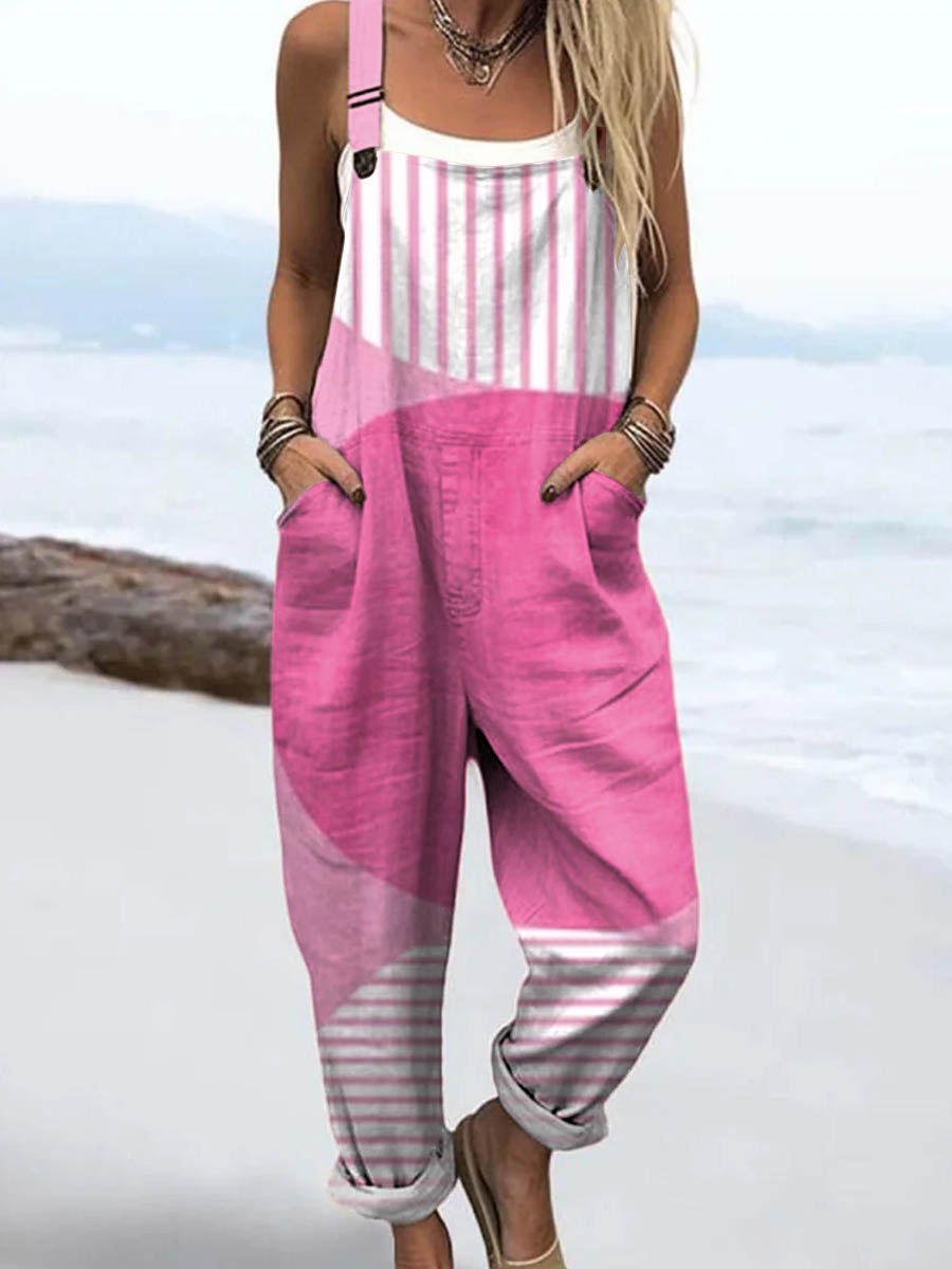 Women's Abstract Geometric Pattern Art Print Casual Cotton Wide Leg Jumpsuit