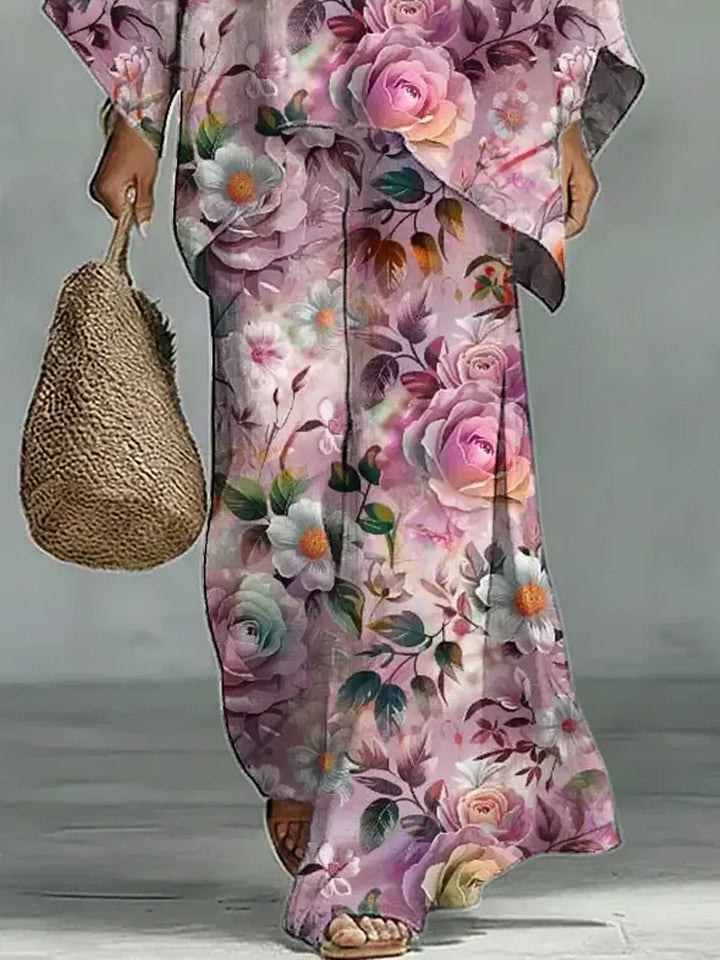 Women's Vintage Floral Art Comfortable Loose Cotton Linen Wide-leg Pants Two-piece Set