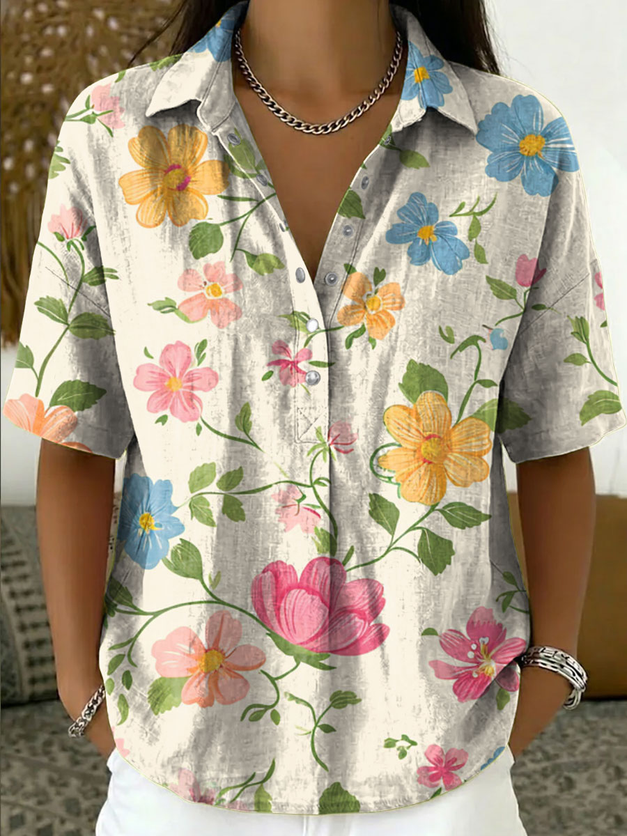 Women's Vintage Botanical Floral Casual Polo Collar Short-sleeved Linen And Cotton Shirt