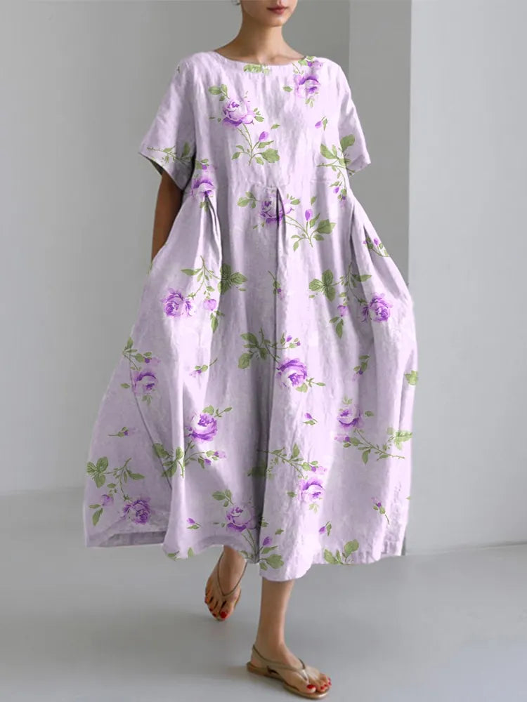 Vintage Rose Pattern Linen Blend Dress