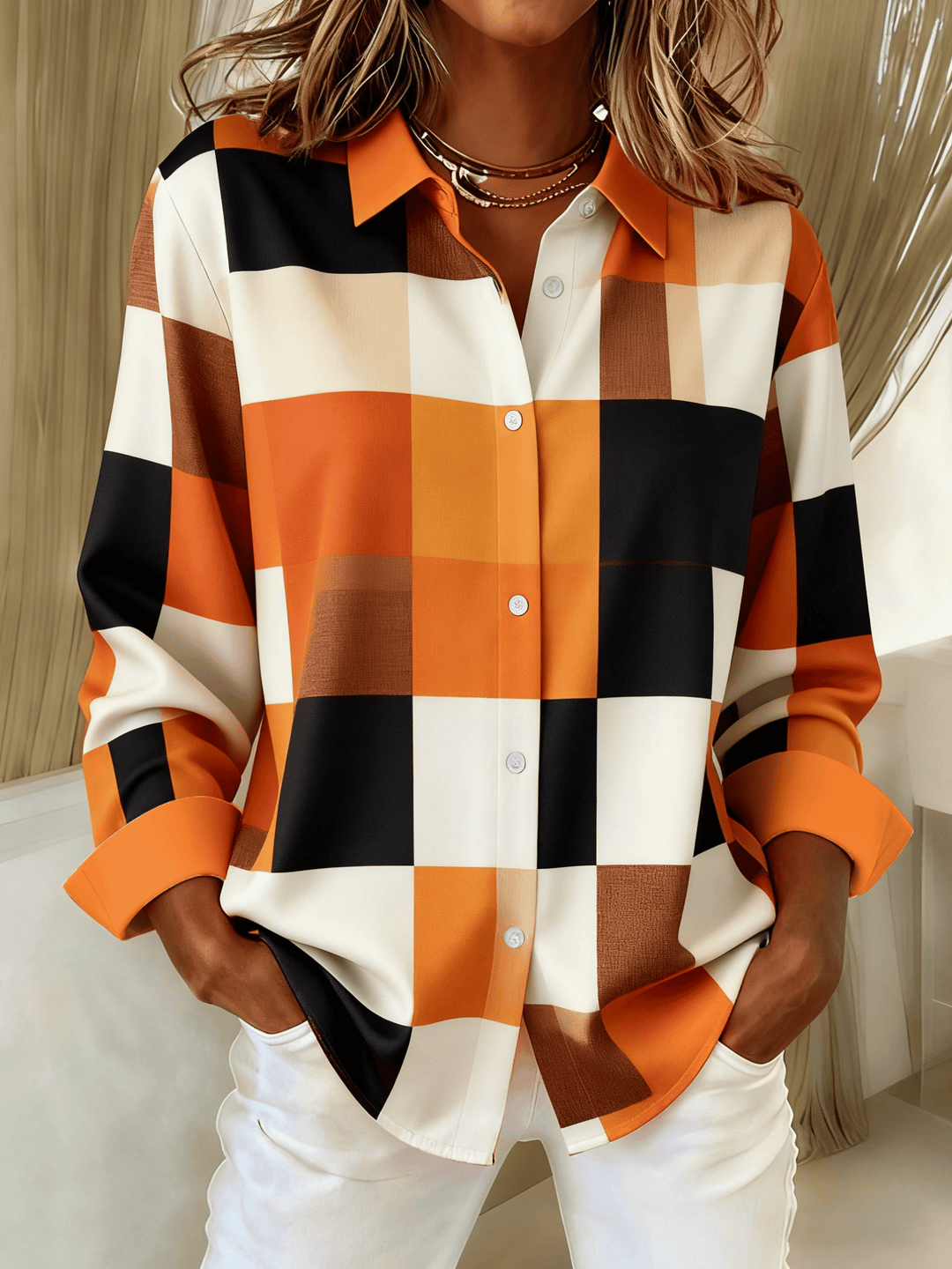 Women's Retro Plaid Print Casual Lapel Shirt