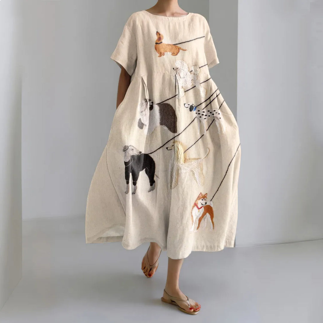Embroidered Dog Art Print Loose Midi Dress