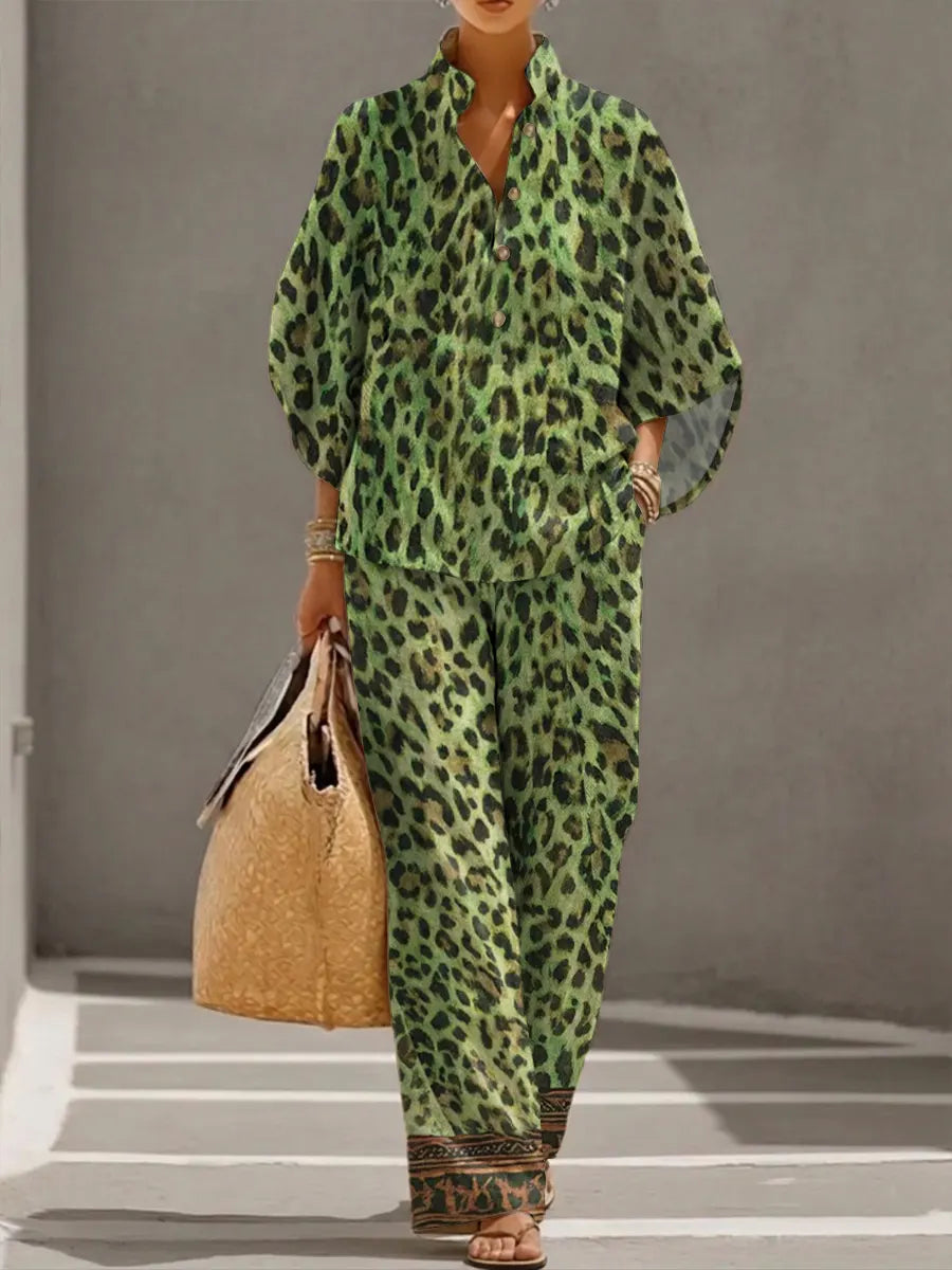 Women's Retro Leopard Art Print Casual 3/4 Sleeve Top And Pants Cotton Linen Suits