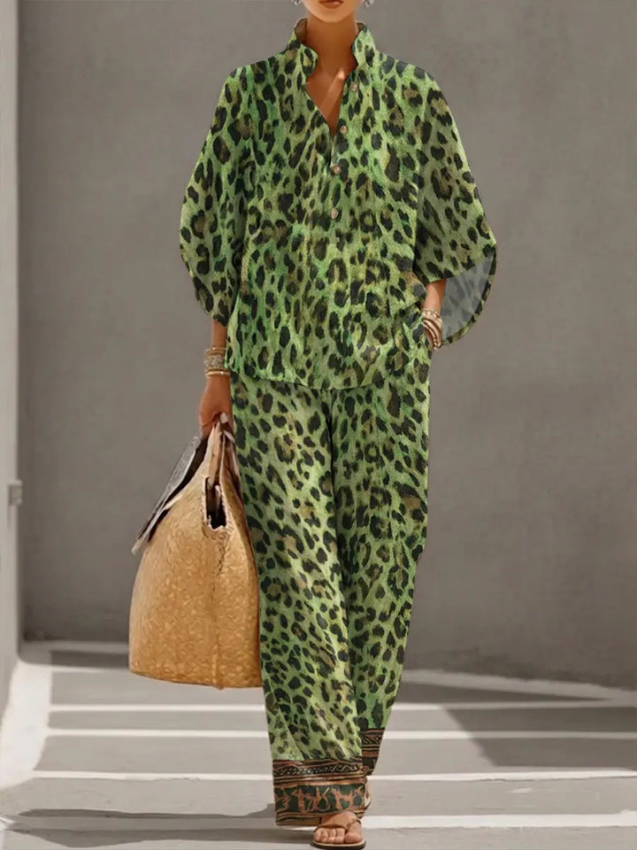 Women's Retro Leopard Art Print Casual 3/4 Sleeve Top And Pants Cotton Linen Suits