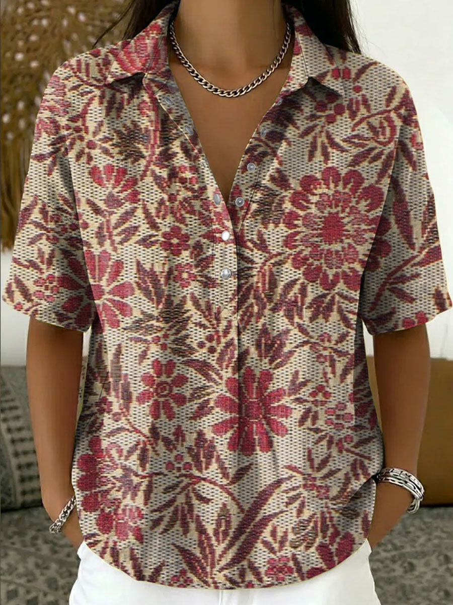Women's Vintage Botanical Floral Casual Polo Collar Short-sleeved Linen And Cotton Shirt