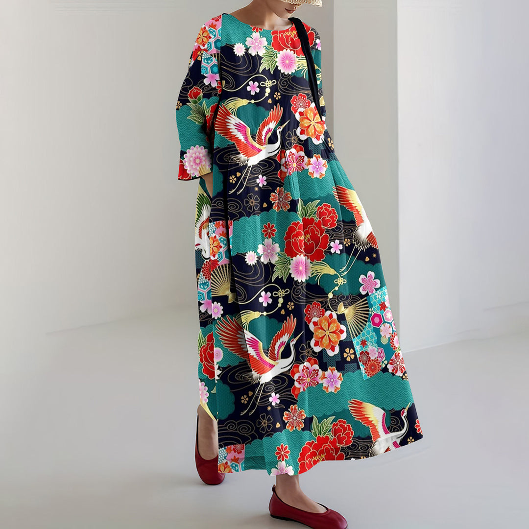 Japanese Art Crane Print Casual Midi Dress