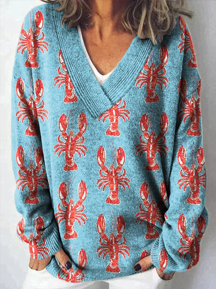Lobster Repeat Pattern Printed Knit V-Neck Pullover Sweater