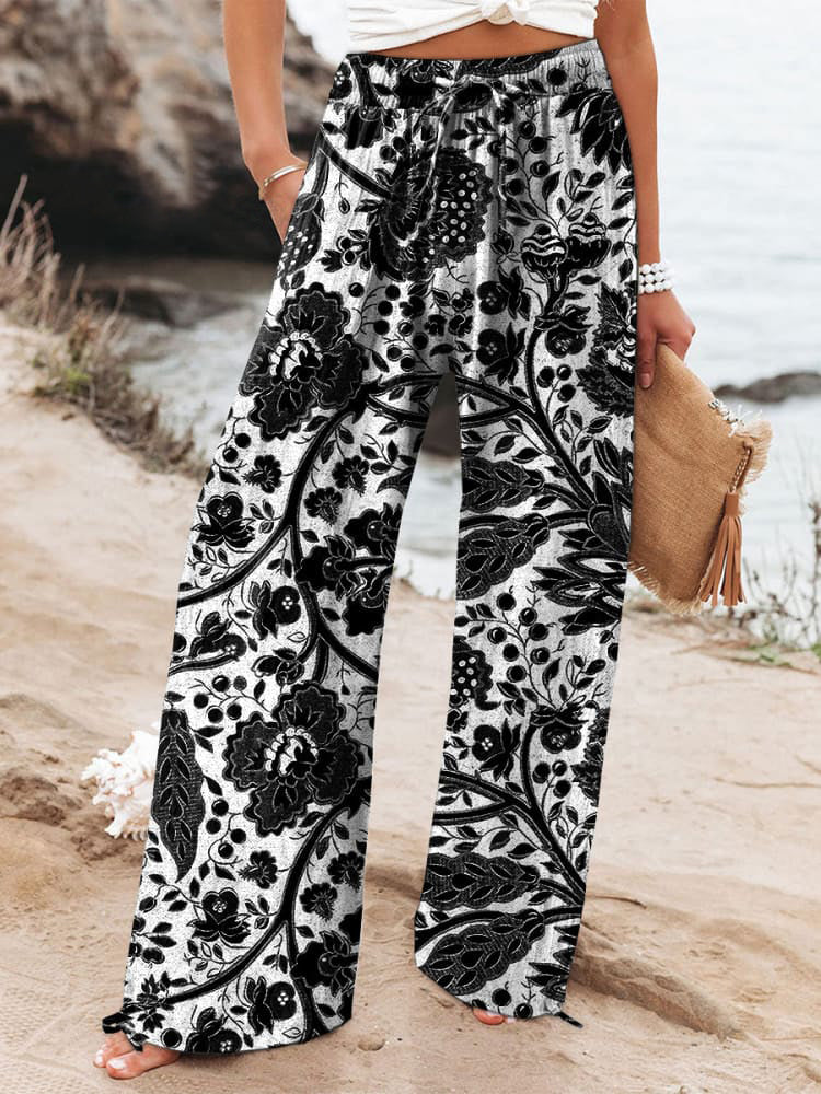 Women's Floral Art Printed Cotton And Linen Casual Pants