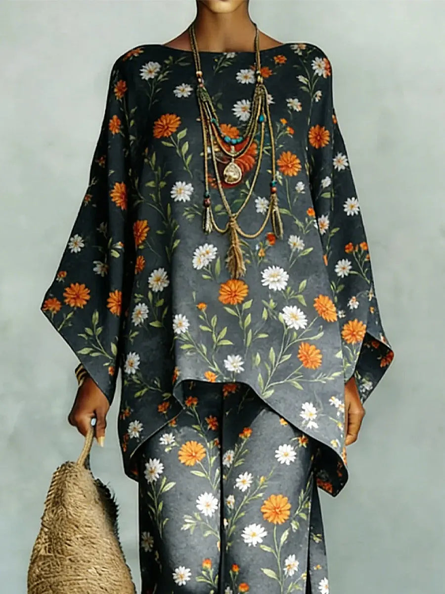 Women's Vintage Floral Art Comfortable Loose Cotton Linen Wide-leg Pants Two-piece Set