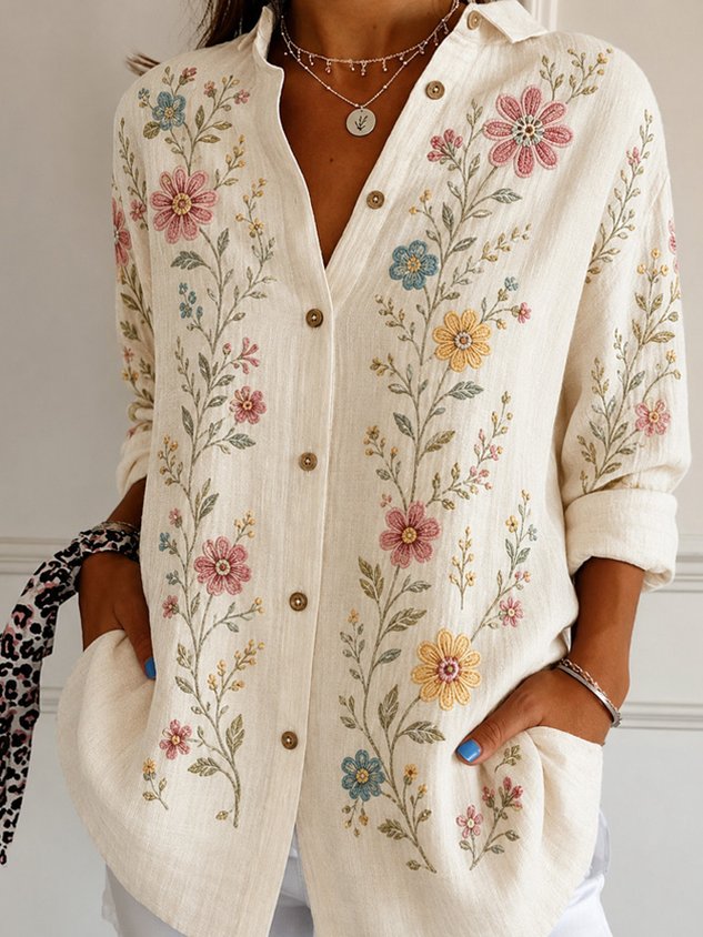 Women's Floral Print Loose Fit Long Sleeve Shirt