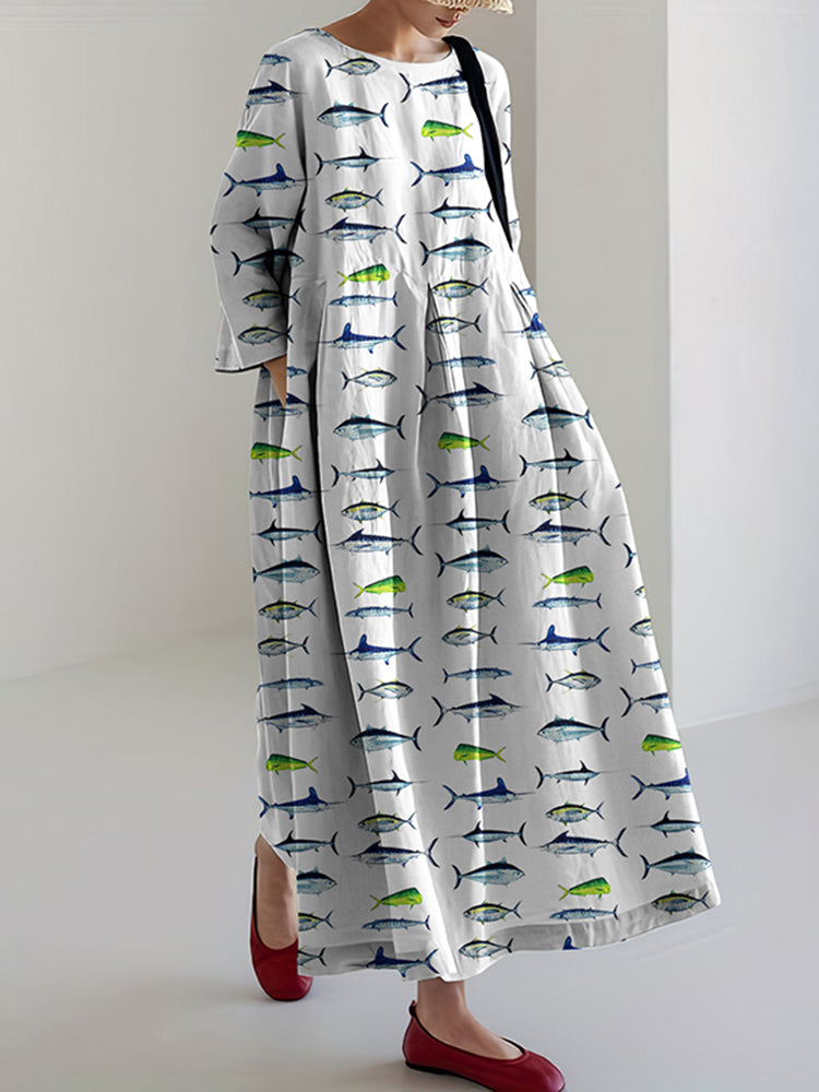 Retro Sea Fish of the North Atlantic Ocean Shark Art Print Casual Midi Dress