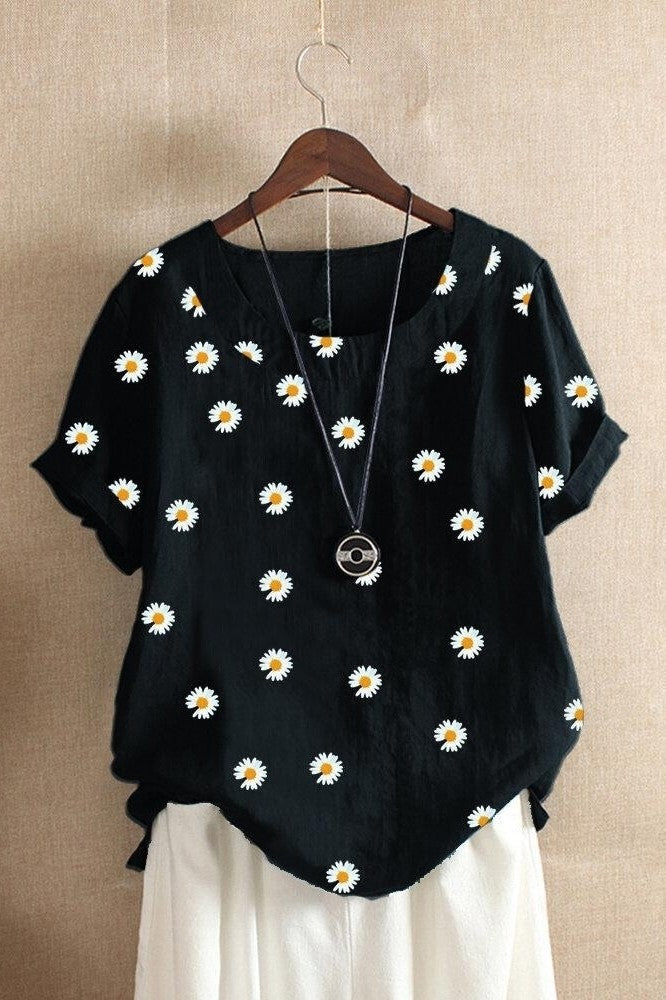 Women's Round Neck Floral Print Short Sleeves T-shirt