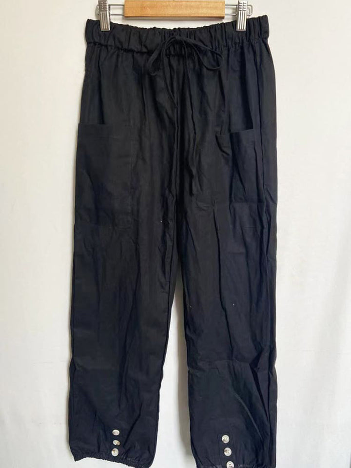 High-waisted Buttoned Cotton and Linen Pants Cropped Pants