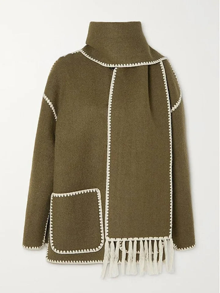Women's Thickened Loose Woolen Coat with Scarf and Tassels