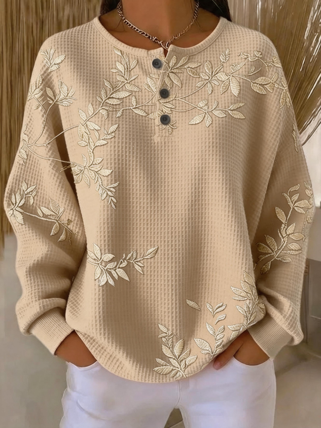 Vintage Henley Collar Leaf Sweatshirt