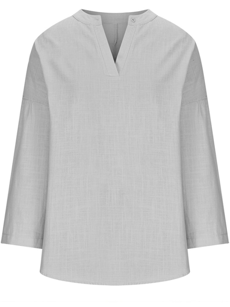 Women's Cotton Long Sleeve Round Neck Solid Color Loose Beach Shirt