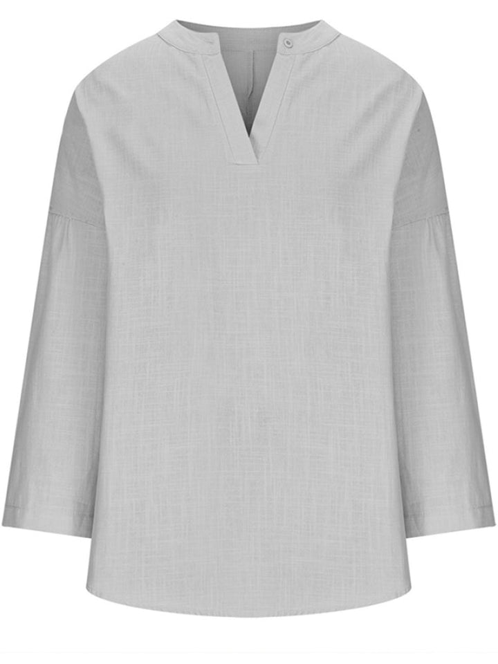Women's Cotton Long Sleeve Round Neck Solid Color Loose Beach Shirt