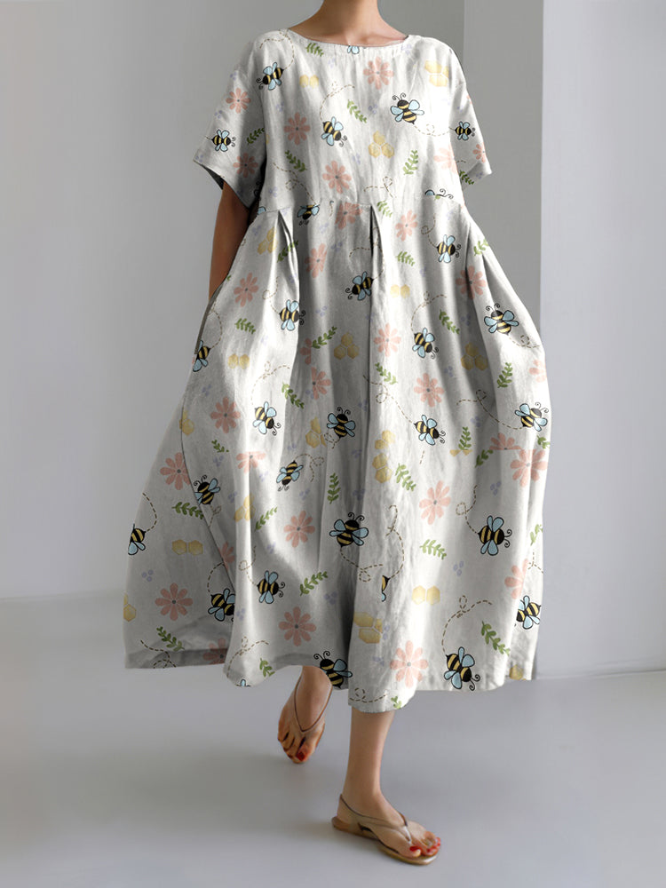 Flying Honey Bees Embroidery Art Print Casual Midi Dress