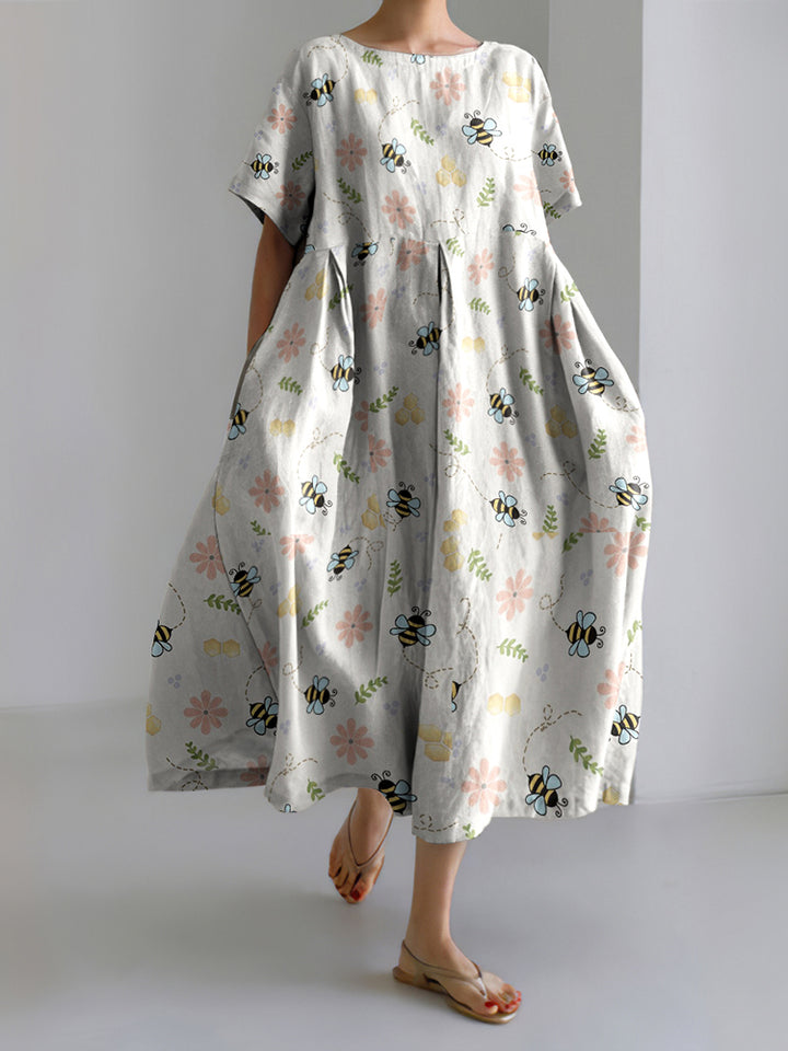 Flying Honey Bees Embroidery Art Print Casual Midi Dress