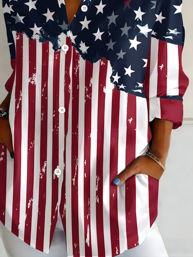 Shirt Collar Regular Sleeve Long Sleeve Independence Day (Flag) Buckle Regular Loose Button Up Shirt Shirt For Women