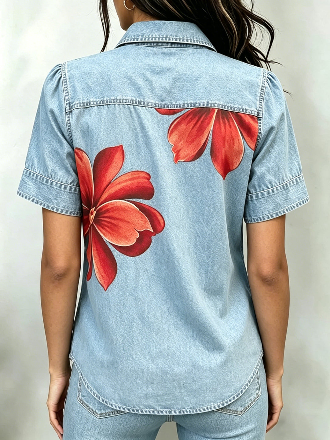 Retro Red Floral Print Denim Collared Shirt
