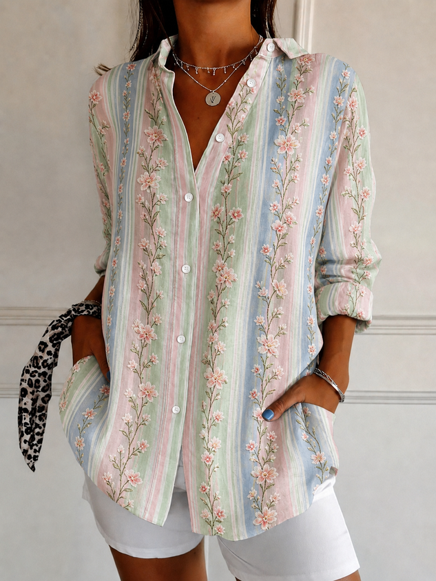 Women's Floral Print Loose Fit Long Sleeve Shirt