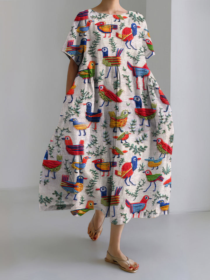 Funny Farm Forest Boho Bird Embroidery Art Pattern Linen Blend Dress