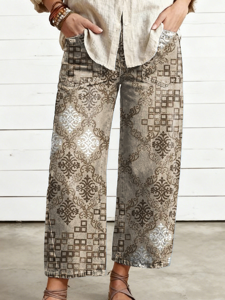 Women's Vintage Geometric Art Print Casual Trousers With Pockets