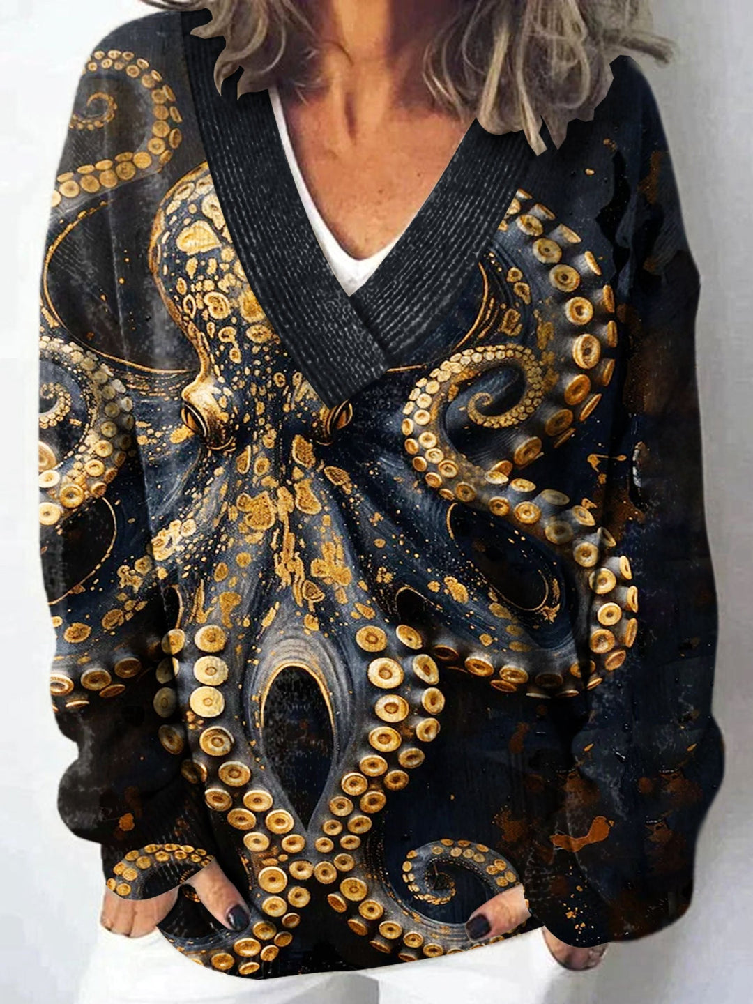 Vintage Fish Octopus Art Print Knit V-neck Pullover Sweater