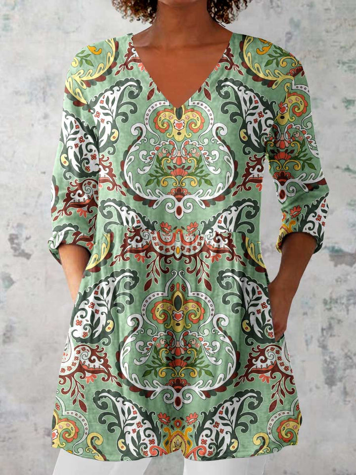 Women's Classic Retro V Neck Floral Pattern   Top