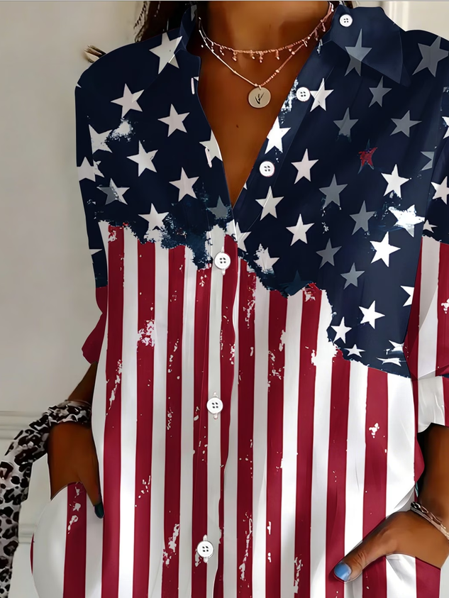 Shirt Collar Regular Sleeve Long Sleeve Independence Day (Flag) Buckle Regular Loose Button Up Shirt Shirt For Women