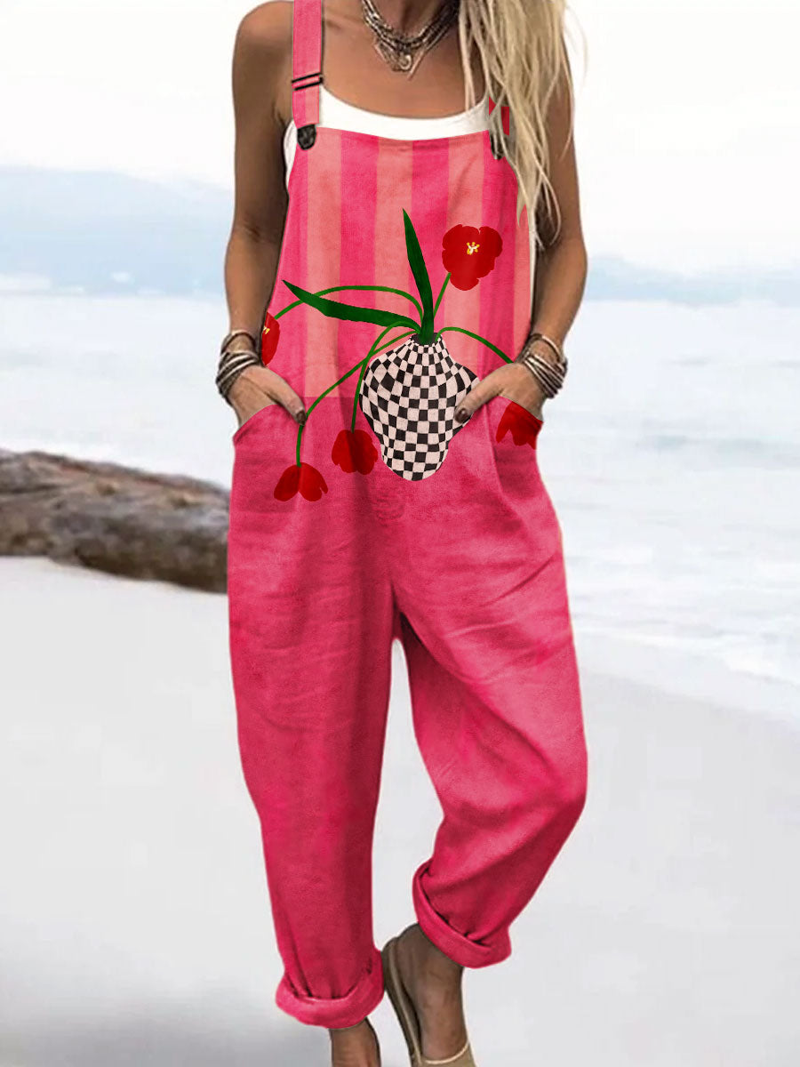 Women's Vintage Floral Art Print Casual Cotton Wide Leg Jumpsuit