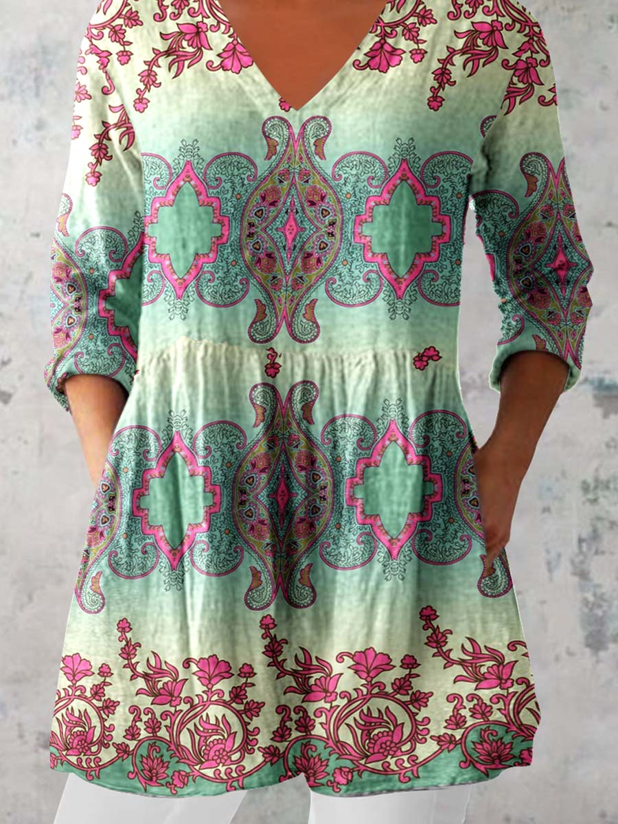 Women's Ethnic Geometric Print V-neck Top