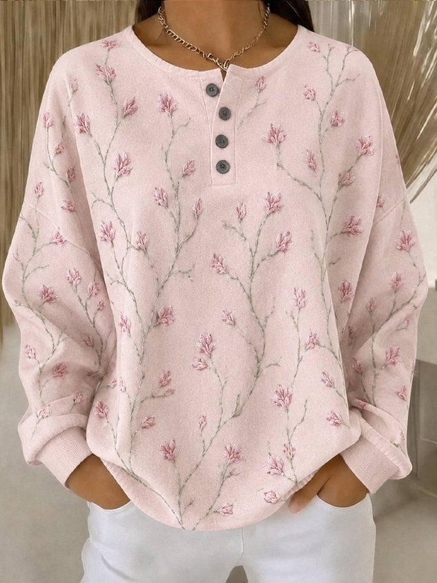 Casual Floral Henley Collar Long Sleeve Sweatshirt
