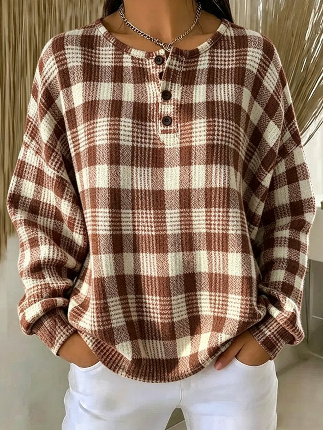 Casual Plaid Henley Collar Long Sleeve Sweatshirt