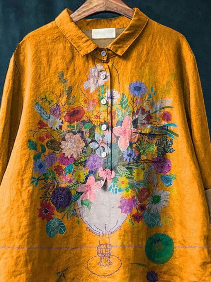 Oil Painting Floral In Vase Art Printed Women's Casual Cotton And Linen Shirt