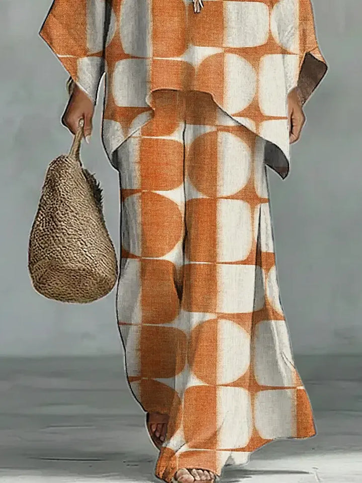 Women's Vintage Geometric Art Comfortable Loose Cotton Linen Wide-leg Pants Two-piece Set