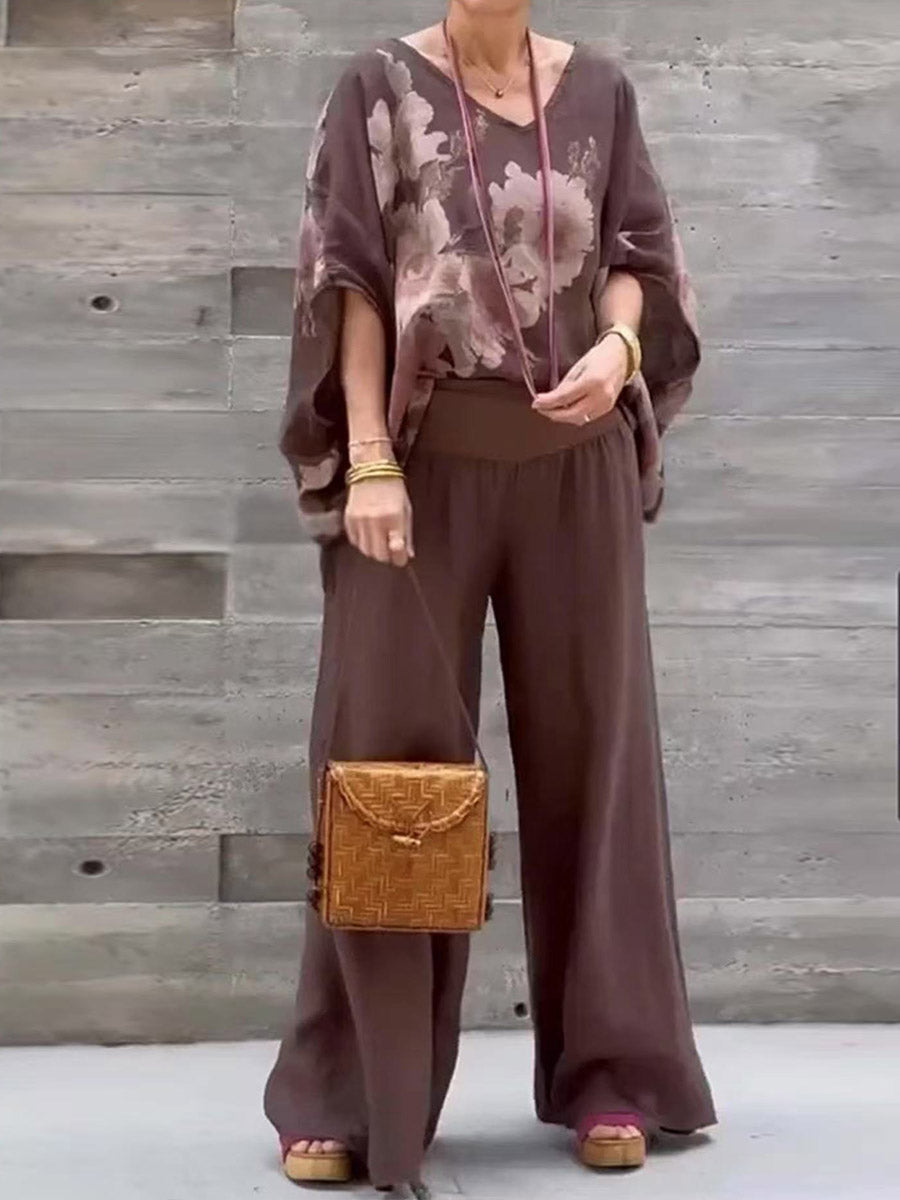 Women's Abstract Print Cotton Linen Set: V-neck Top & Wide Leg Pants