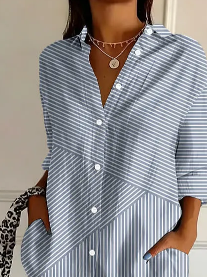 Women's Striped Button Up Loose Fit Long Sleeve Shirt